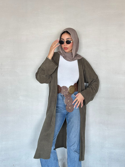 Long Ribbed Knit Cardigan in olive green