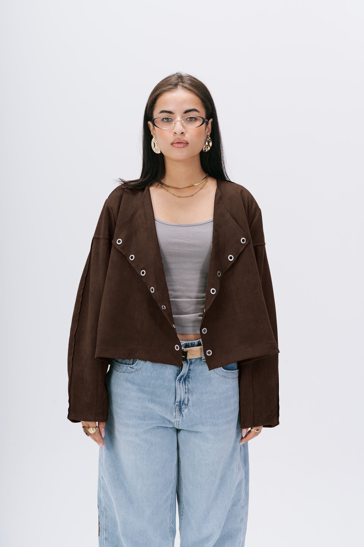 the bold suede cropped jacket in brown