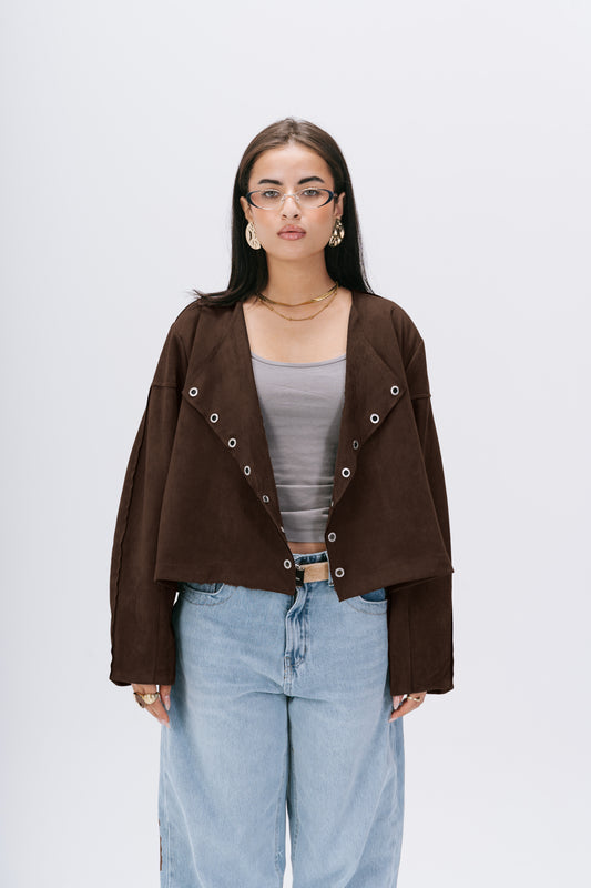the bold suede cropped jacket in brown