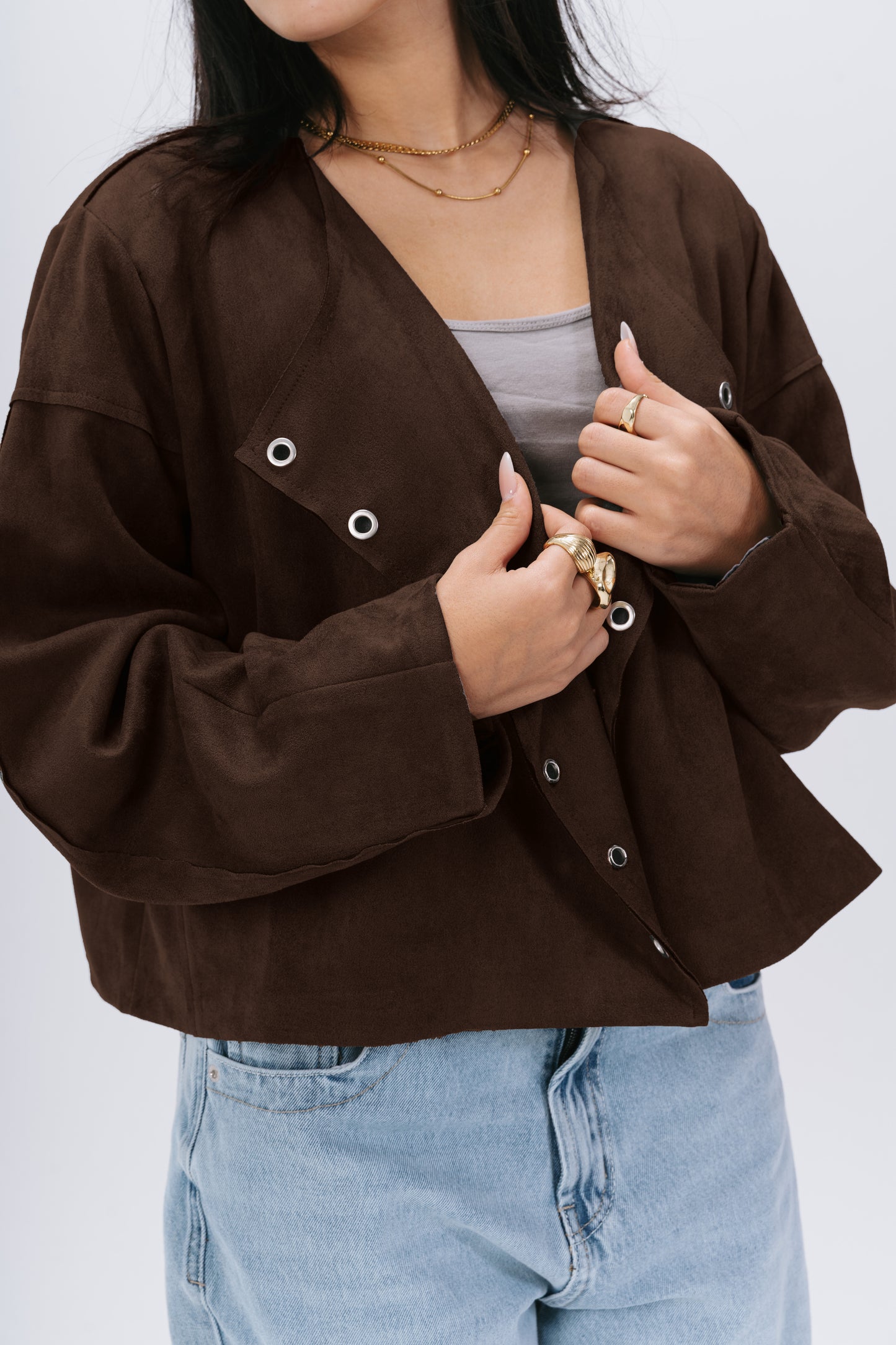 the bold suede cropped jacket in brown