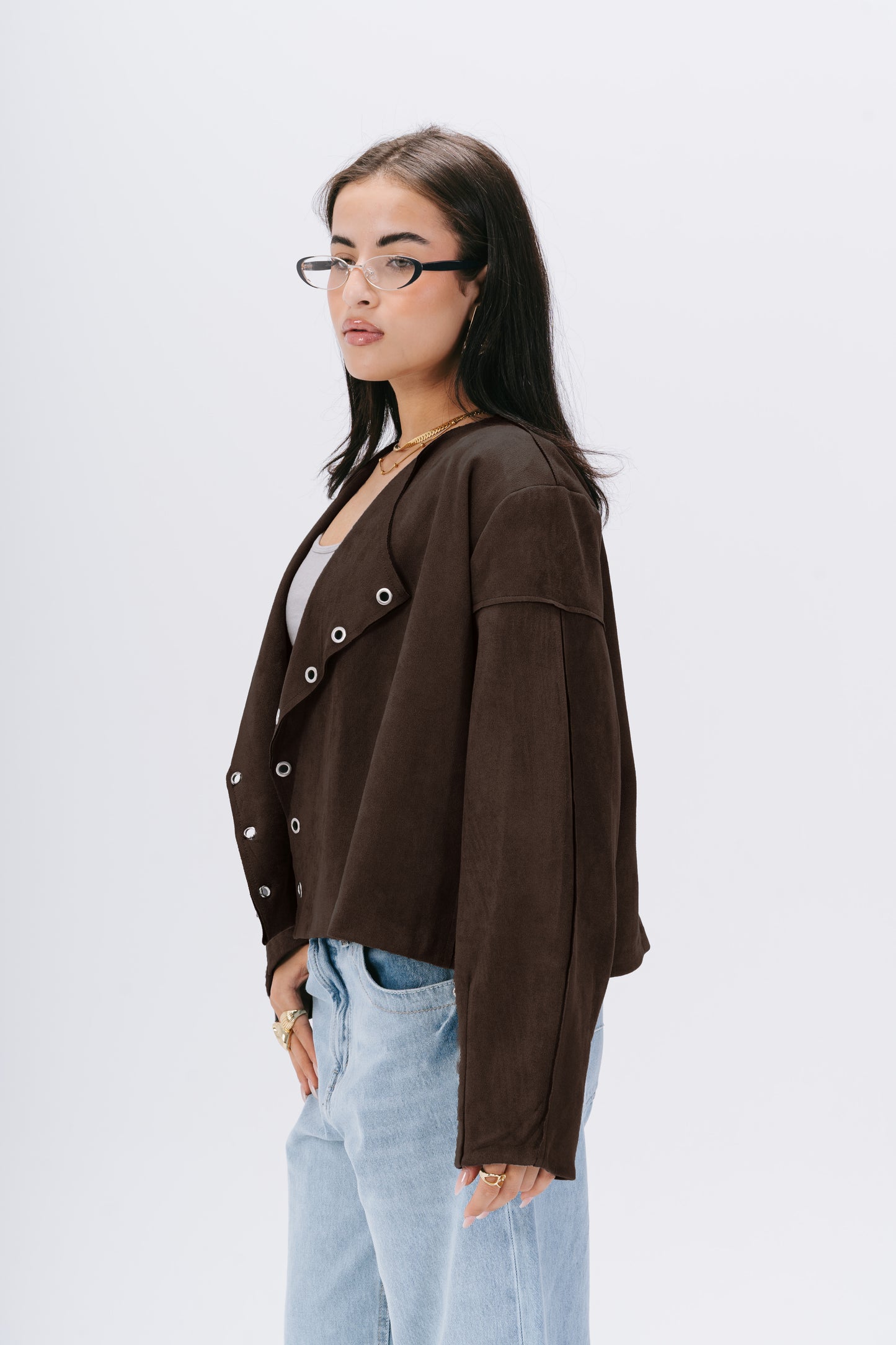 the bold suede cropped jacket in brown