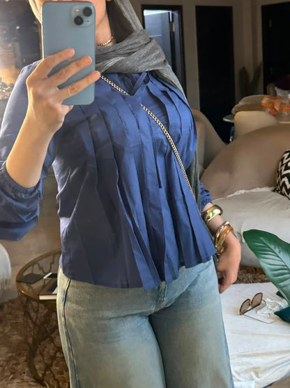 Navy Round Neck Blouse With Front Tie