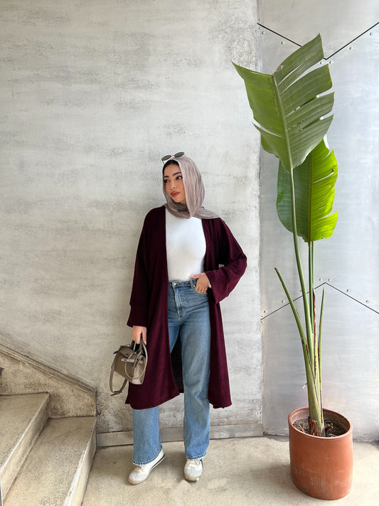 Long Ribbed Knit Cardigan in burgundy