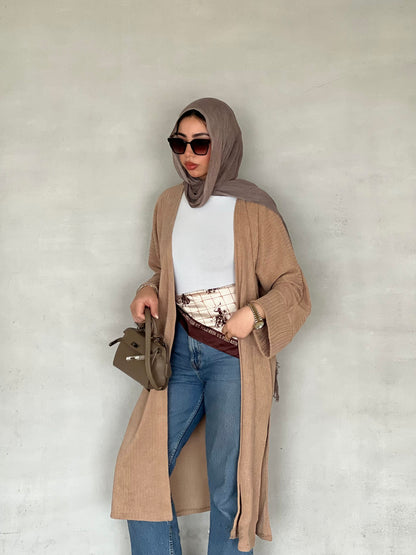 Long Ribbed Knit Cardigan in beige