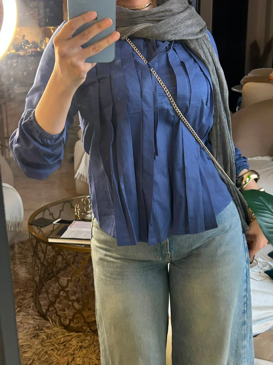 Navy Round Neck Blouse With Front Tie