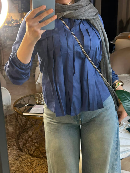 Navy Round Neck Blouse With Front Tie