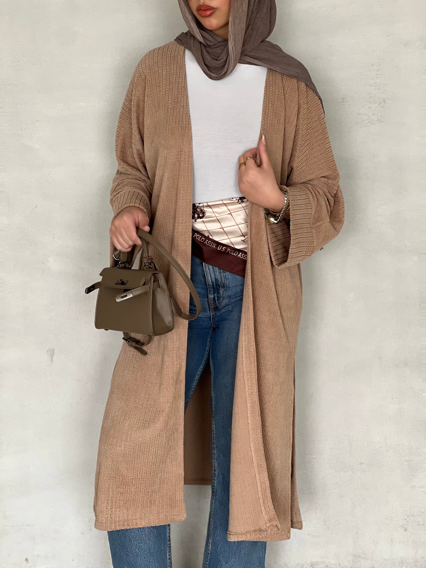 Long Ribbed Knit Cardigan in beige