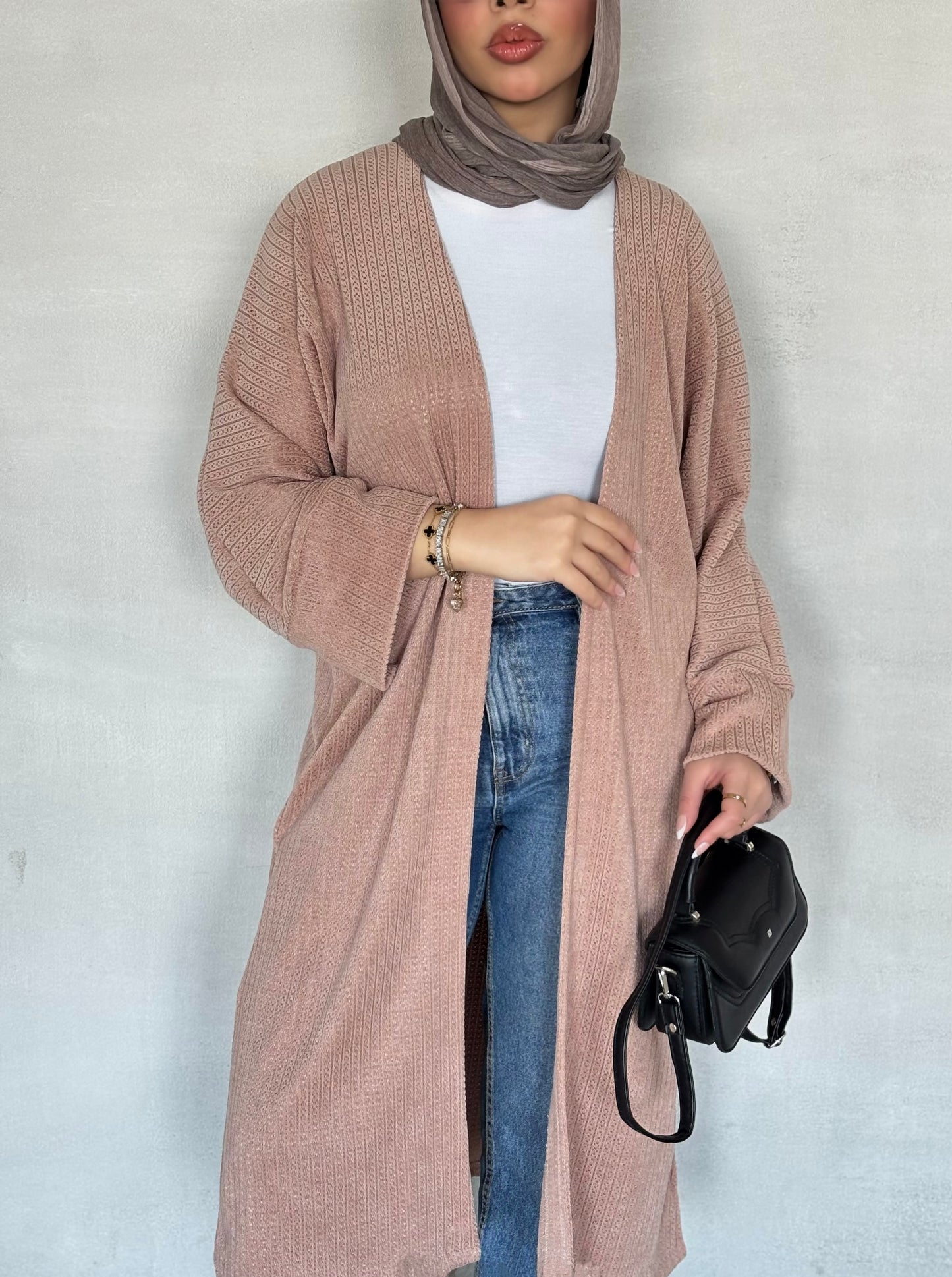 Long Ribbed Knit Cardigan in rose
