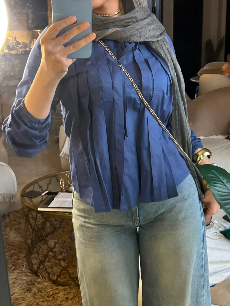 Navy Round Neck Blouse With Front Tie