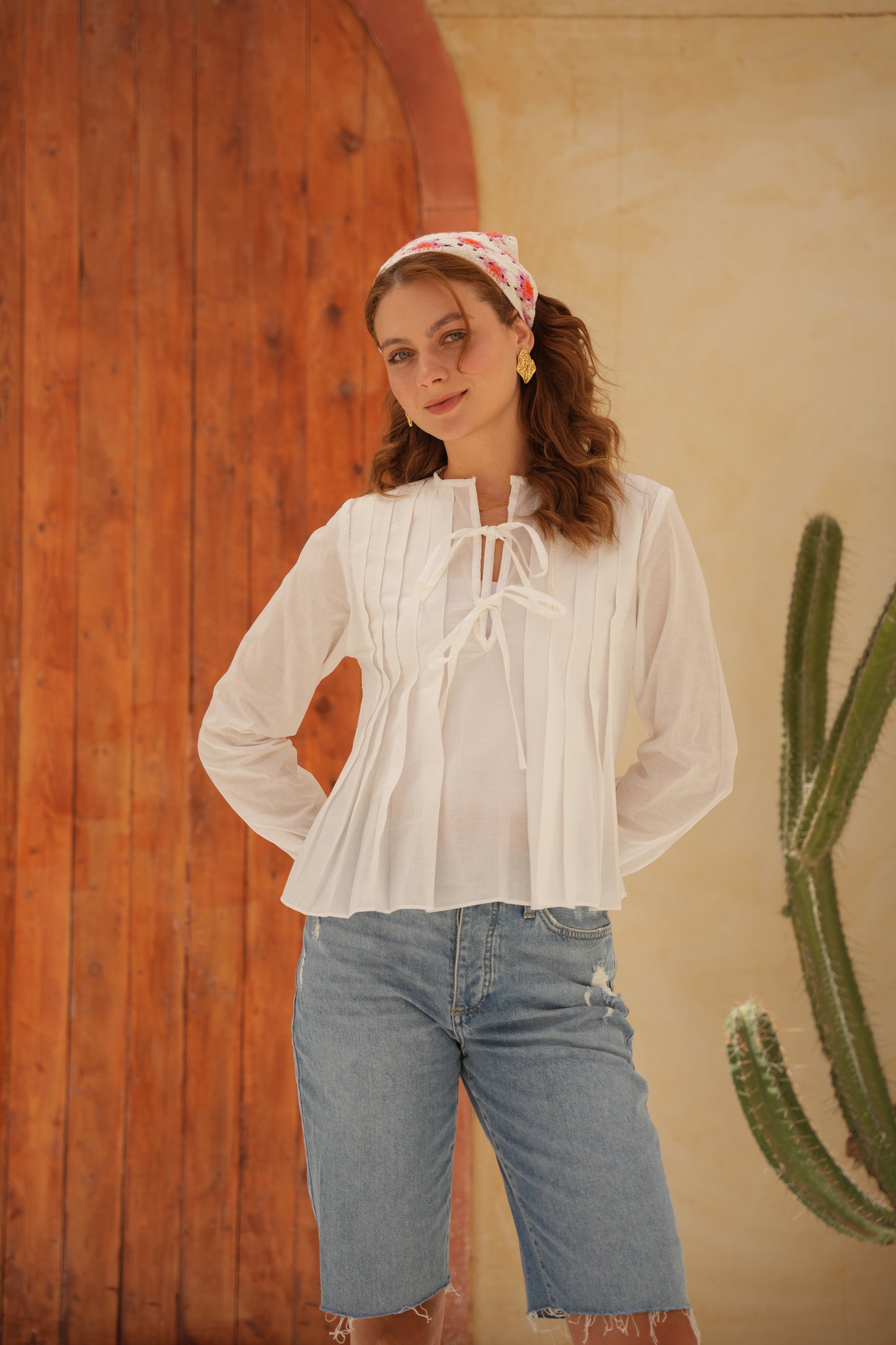 White Round Neck Blouse With Front Tie