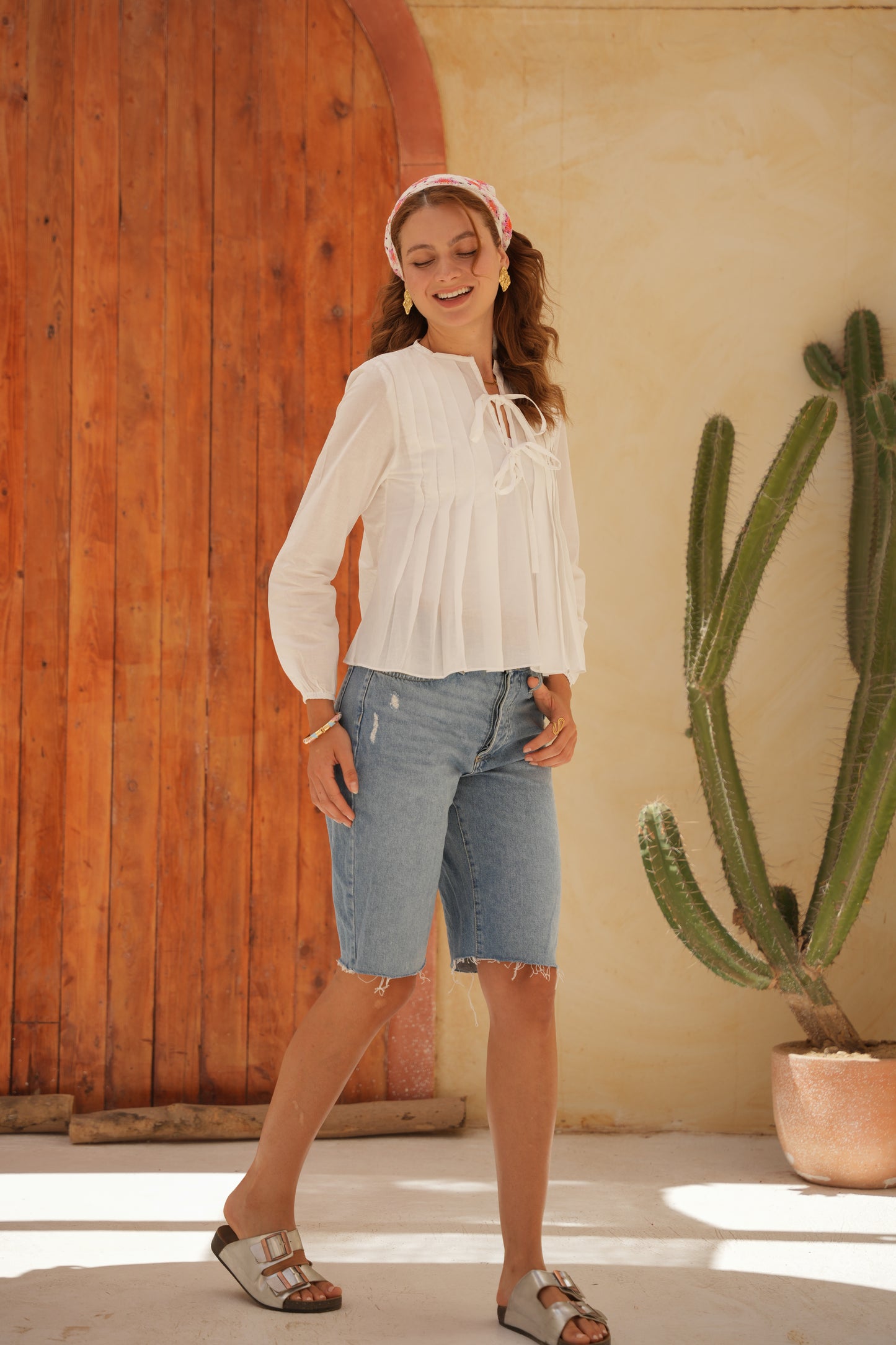 White Round Neck Blouse With Front Tie