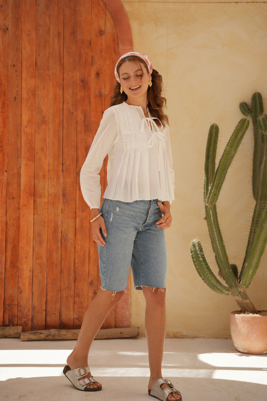 White Round Neck Blouse With Front Tie