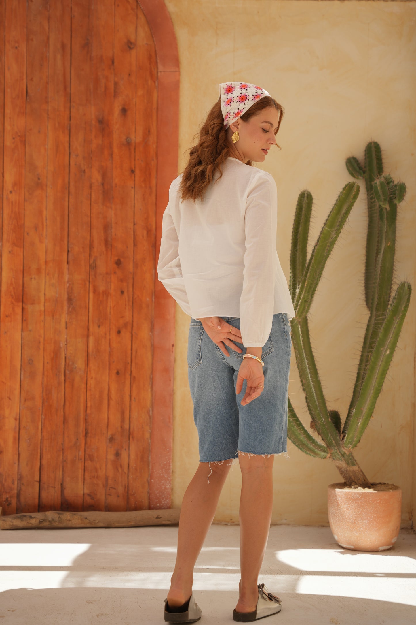 White Round Neck Blouse With Front Tie