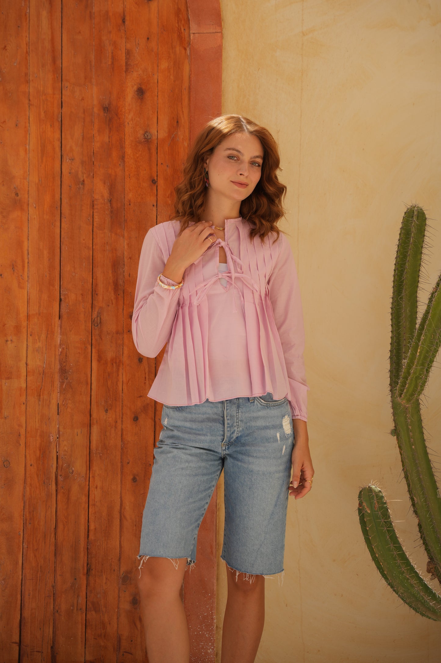 Pink Round Neck Blouse With Front Tie