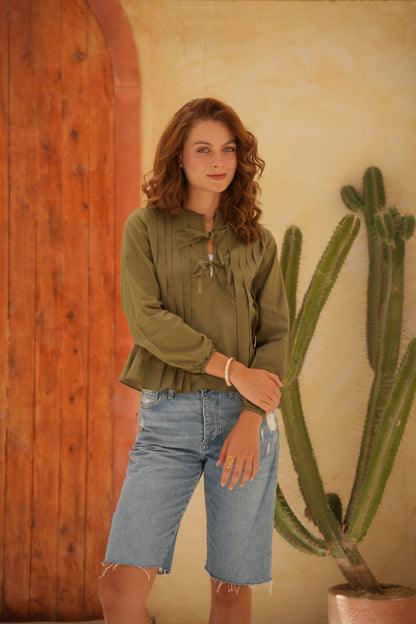 Olive Round Neck Blouse With Front Tie