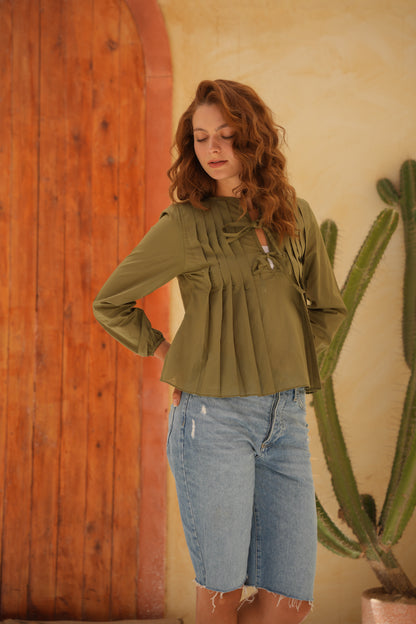 Olive Round Neck Blouse With Front Tie