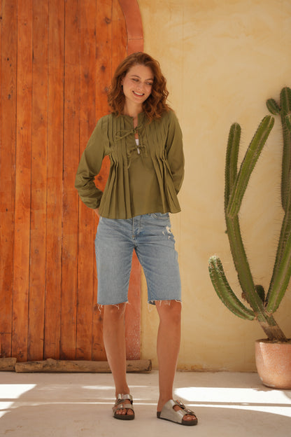 Olive Round Neck Blouse With Front Tie