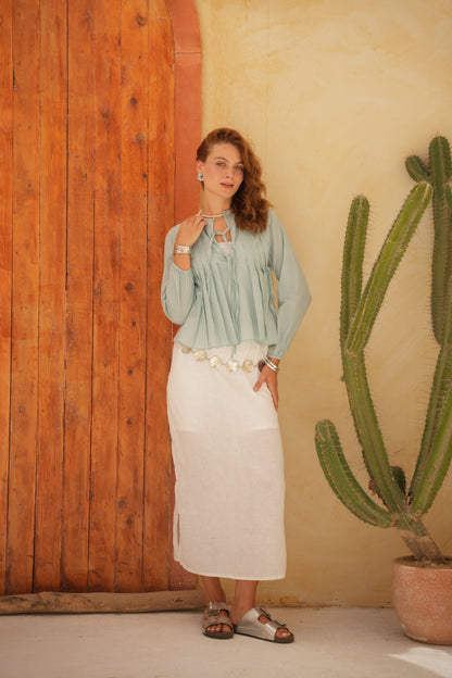 Mint Green Round Neck Blouse With Front Tie