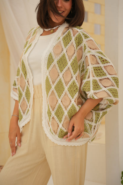 Solana Cardigan in Olive Green & Beige