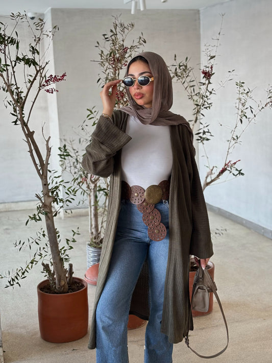 Long Ribbed Knit Cardigan in olive green