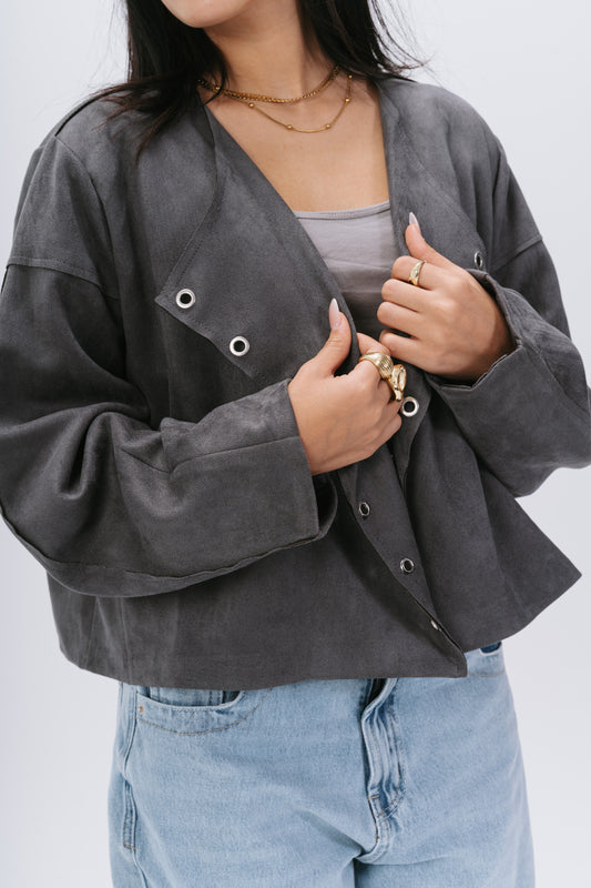 the bold suede cropped jacket in gray