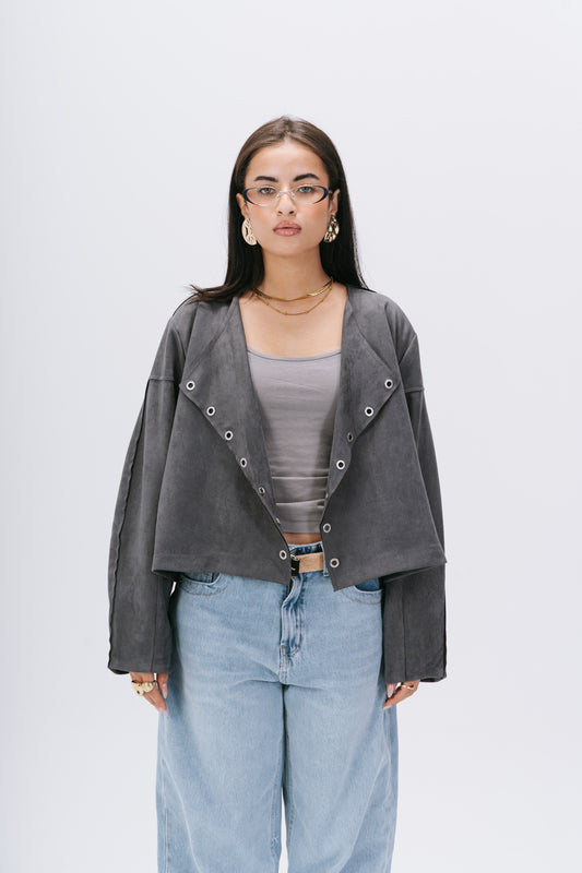 the bold suede cropped jacket in gray